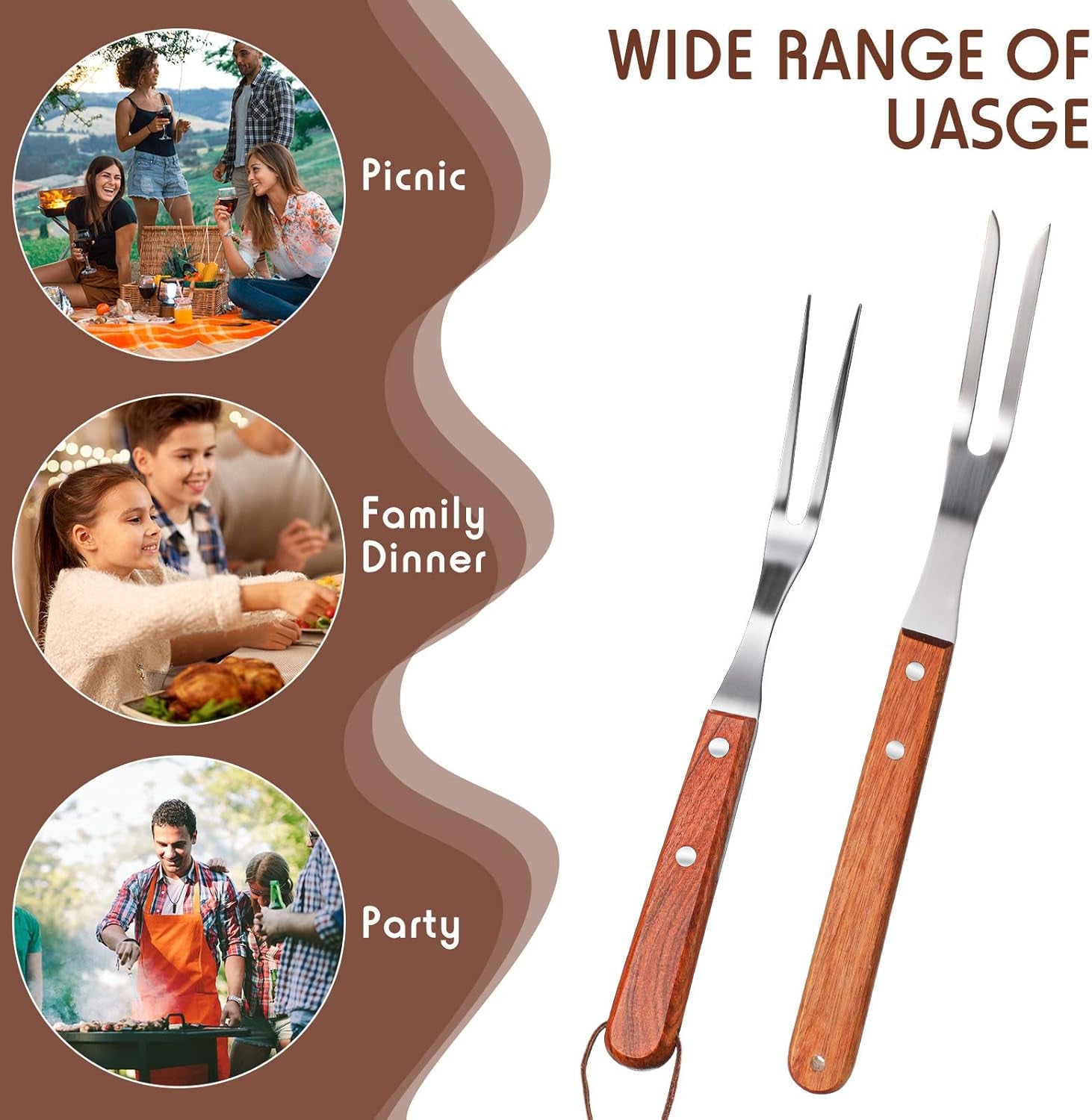 2 Pieces Meat Forks Stainless Steel Carving Fork with Rosewood Handle for Kitchen Barbecue (13 Inch,10 Inch)