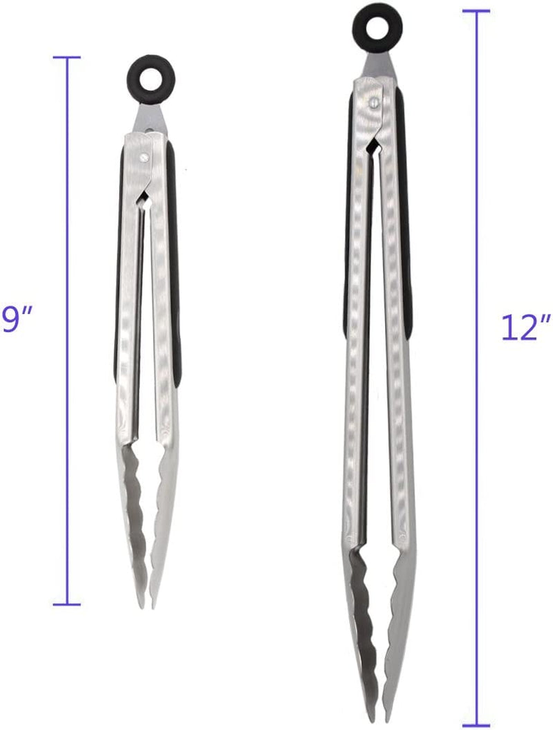 Stainless Steel Kitchen Cooking Tongs, 9" and 12" Set of 2 Sturdy Grilling Barbeque Brushed Locking Food Tongs with Ergonomic Grip, Black
