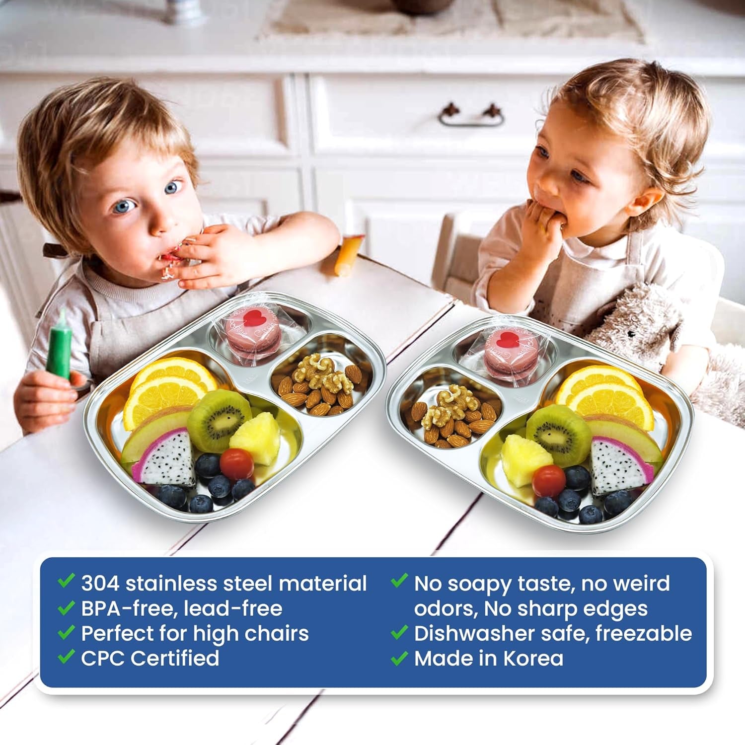 Korean 3 Compartment Stainless Steel Divided Plates, BPA Free, Set of 2
