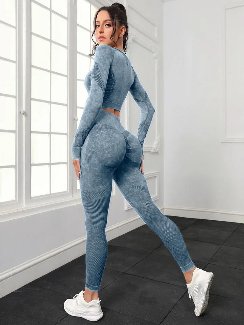2 Piece Acid Wash Gym Set Women Seamless Long Sleeve Leggings Tracksuit Sports Fitness Suit Scrunch Workout Clothes Yoga Outfits
