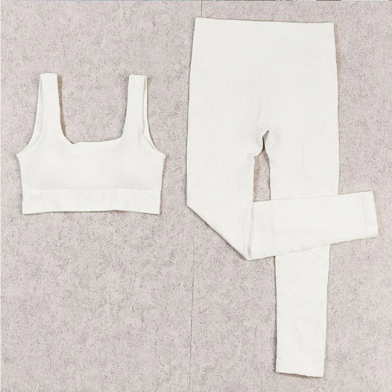 Ribbed Women Sets Fitness Suit Seamless Sportswear Sexy Gym Clothing Stripe Legging Long Sleeve Sport Outfits Woman Tracksuit