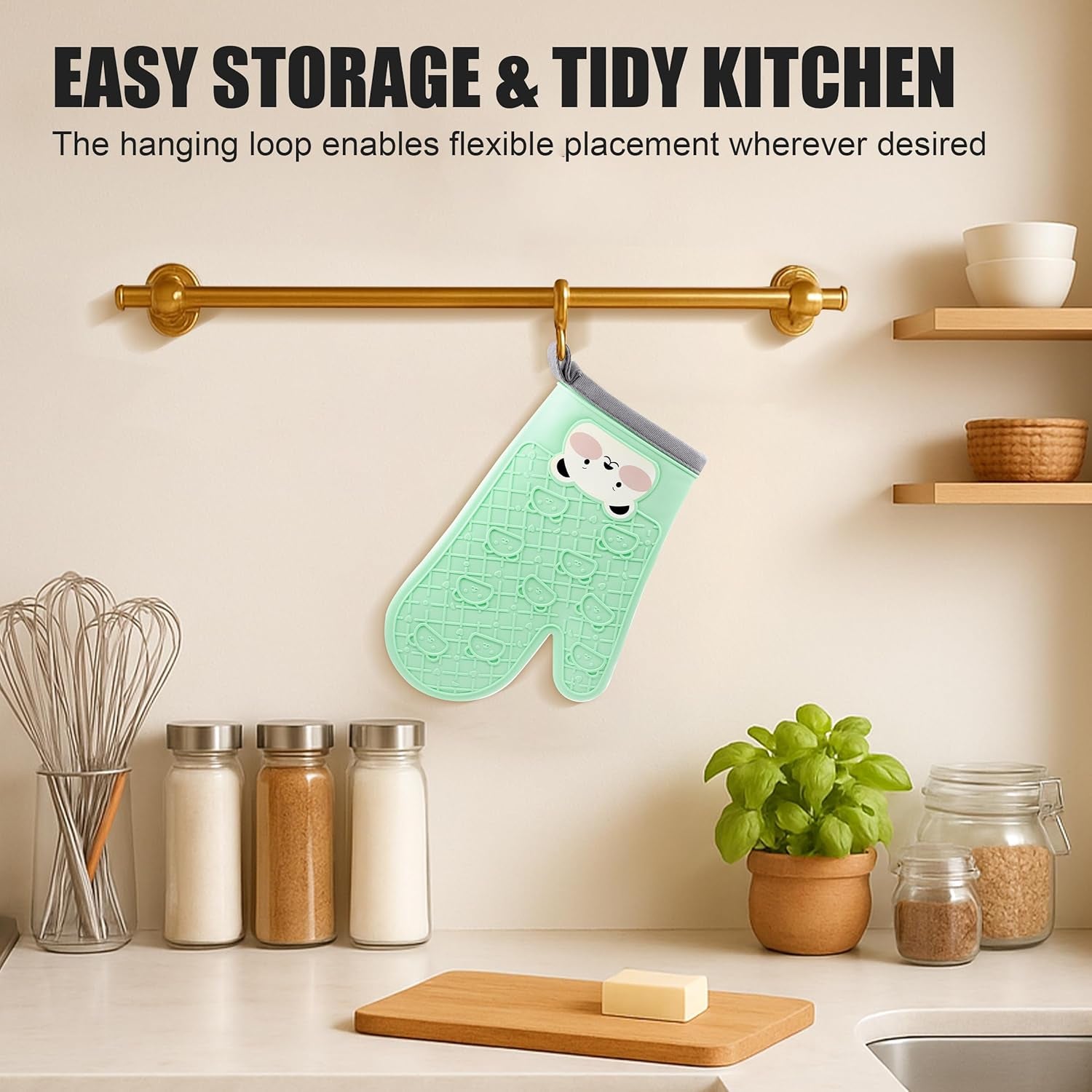 Silicone Oven Mitts Cute Bear - Non-Slip Kitchen Gloves for Baking & BBQ - Soft Cotton Lined, Waterproof & BPA-Free Potholders - Machine Washable & Heat Resistant up to 500°F - Green, 1 Pair
