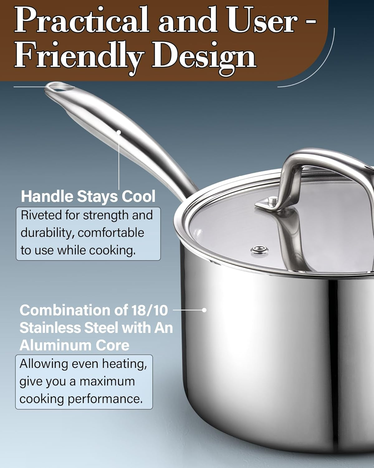 Stainless Steel Saucepan 1.5 Quart, Tri-Ply Full Clad Sauce Pan with Glass Lid, Silver