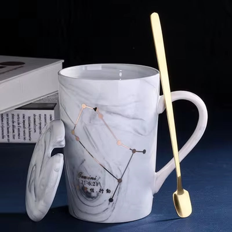 380ML Natural Marble 12 Constellation Ceramic Pink Zodiac Mug with Lid