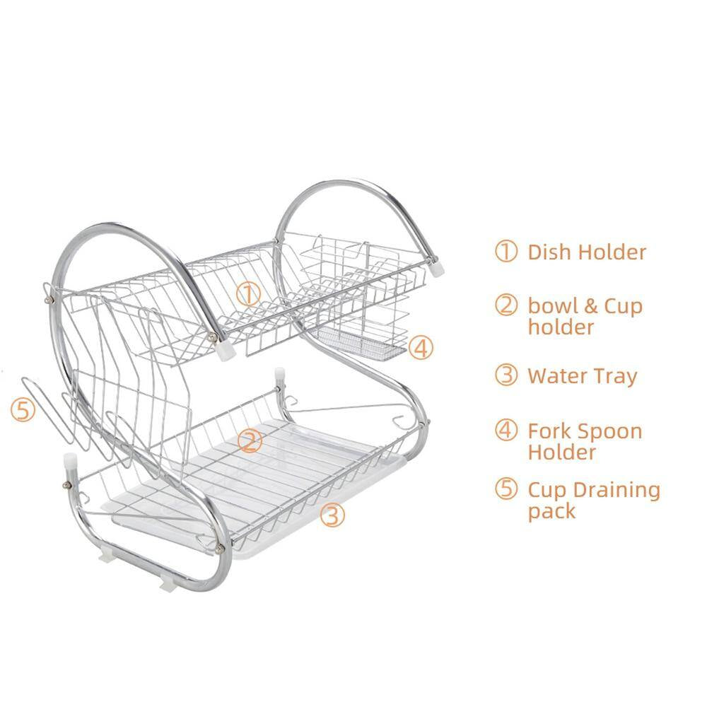 2-Tier Stainless Steel Standing Drying Dish Rack with S Shape Design, Kitchen Cutlery Holder Shelf