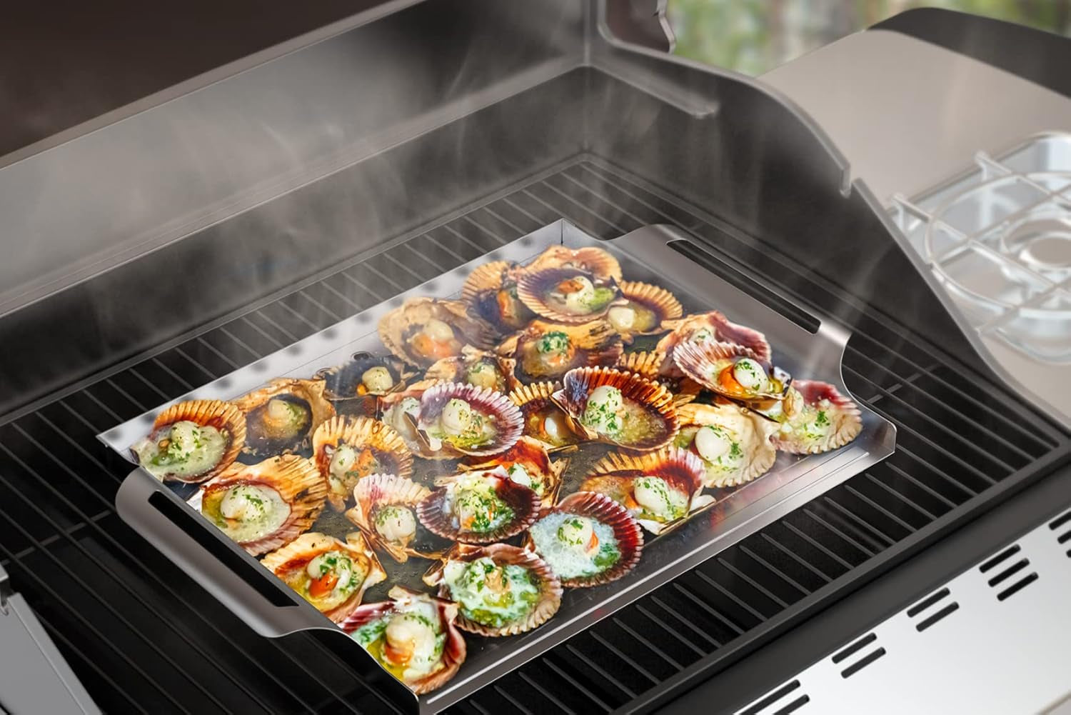Stainless Steel Nonstick Grill Topper Grid BBQ Tray with Perforated Bottom and Handles