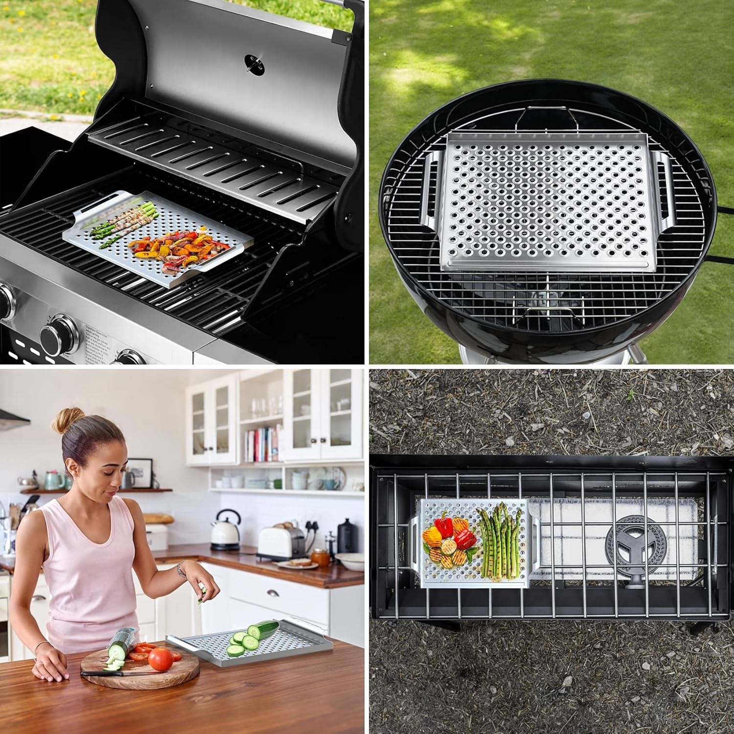 Stainless Steel Nonstick Grill Topper Grid BBQ Tray with Perforated Bottom and Handles