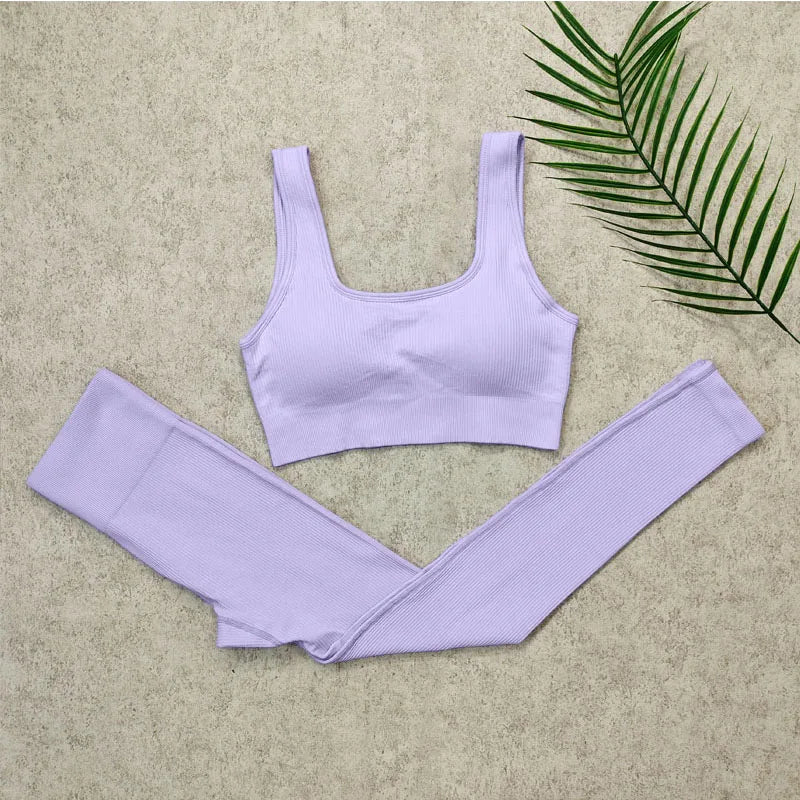 Ribbed Women Sets Fitness Suit Seamless Sportswear Sexy Gym Clothing Stripe Legging Long Sleeve Sport Outfits Woman Tracksuit