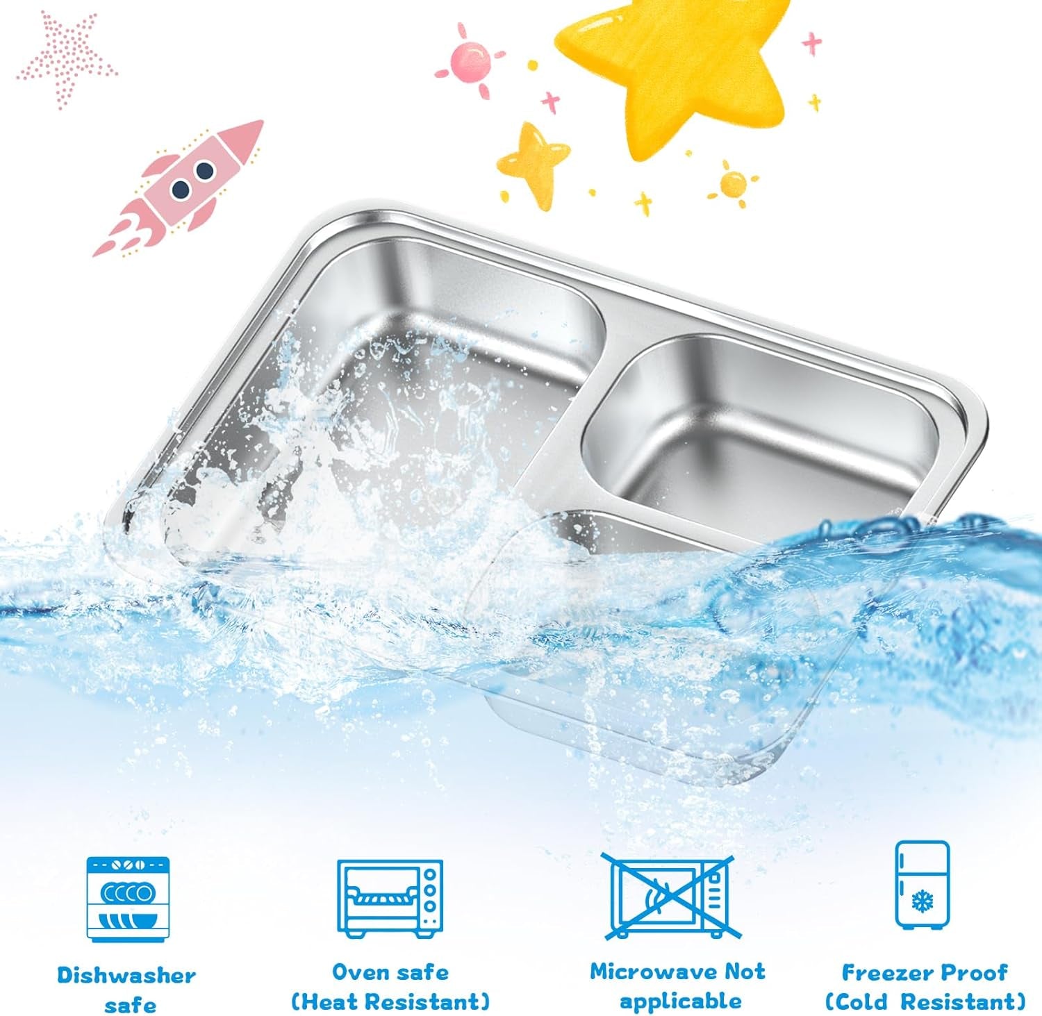 Stainless Steel Divided Plate for Kids Toddler, Non Toxic Portion Control Plate Dinner Plate with Lid, 2 Pack 3 Sections Rectangular Snack Plate