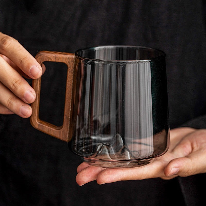 Glass Single-layer Side Wooden Handle Drinking Cups
