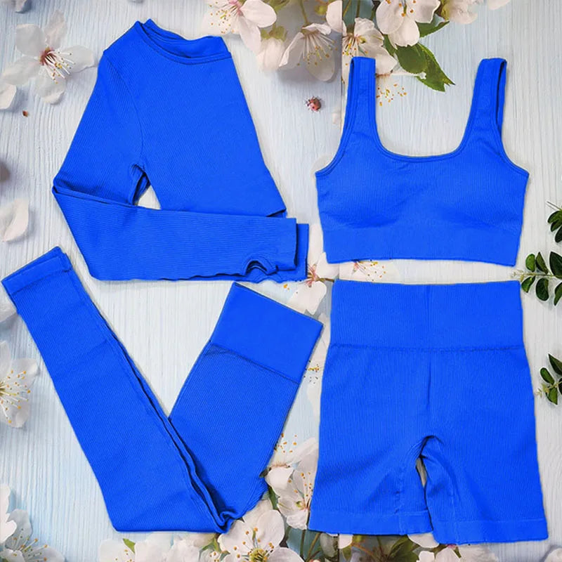 Ribbed Women Sets Fitness Suit Seamless Sportswear Sexy Gym Clothing Stripe Legging Long Sleeve Sport Outfits Woman Tracksuit