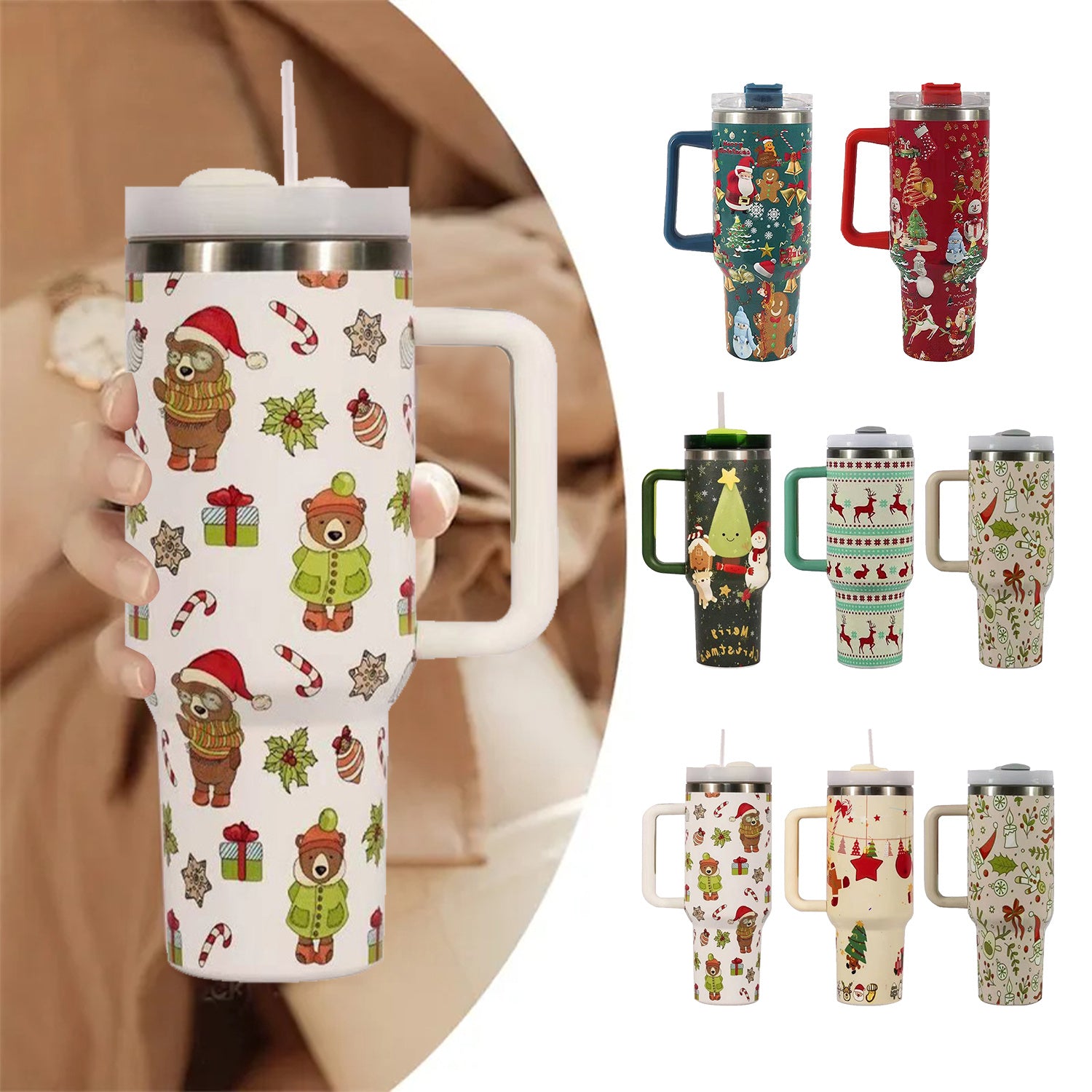 Christmas Stainless Steel Tumbler with Handle, Lid & Straw