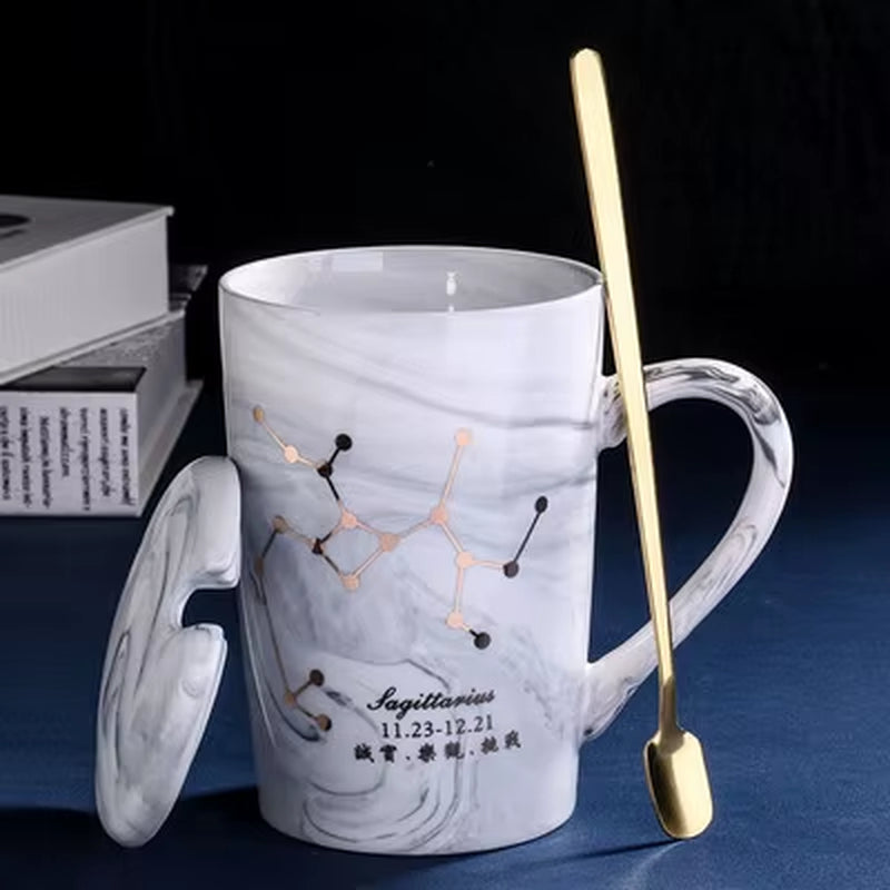 380ML Natural Marble 12 Constellation Ceramic Pink Zodiac Mug with Lid
