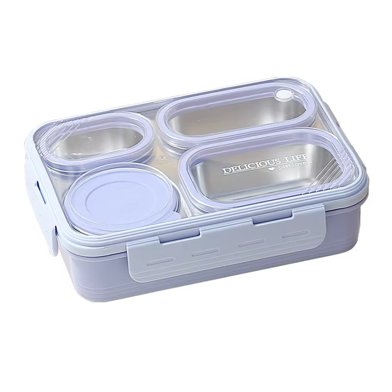 Square 4-Compartment Meal Box Large Capacity Stainless Steel Lunch Box with Soup Container for Students and Office Workers