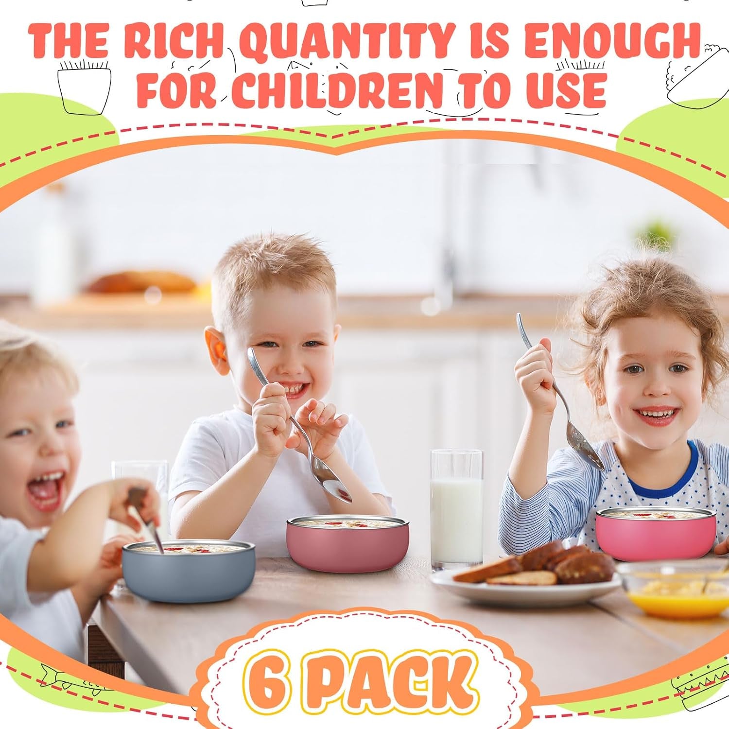 6 Pcs Stainless Steel Baby Bowls with Removable Silicone Shell for Kids, Dishwasher Safe