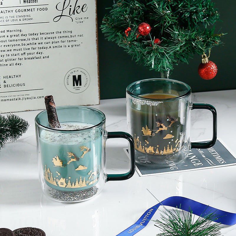 Enchanting Double-Wall Glass Mug with Festive Gold Design