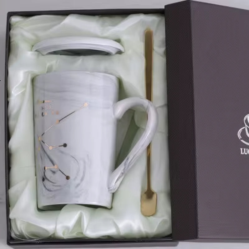 380ML Natural Marble 12 Constellation Ceramic Pink Zodiac Mug with Lid