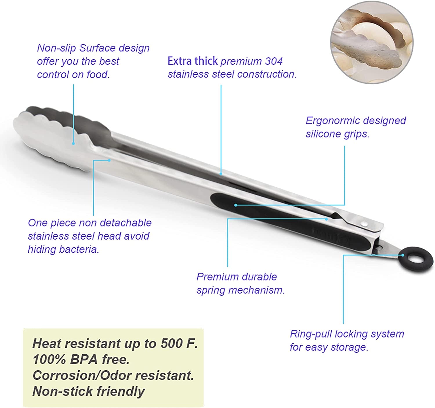 Stainless Steel Kitchen Cooking Tongs, 9" and 12" Set of 2 Sturdy Grilling Barbeque Brushed Locking Food Tongs with Ergonomic Grip, Black