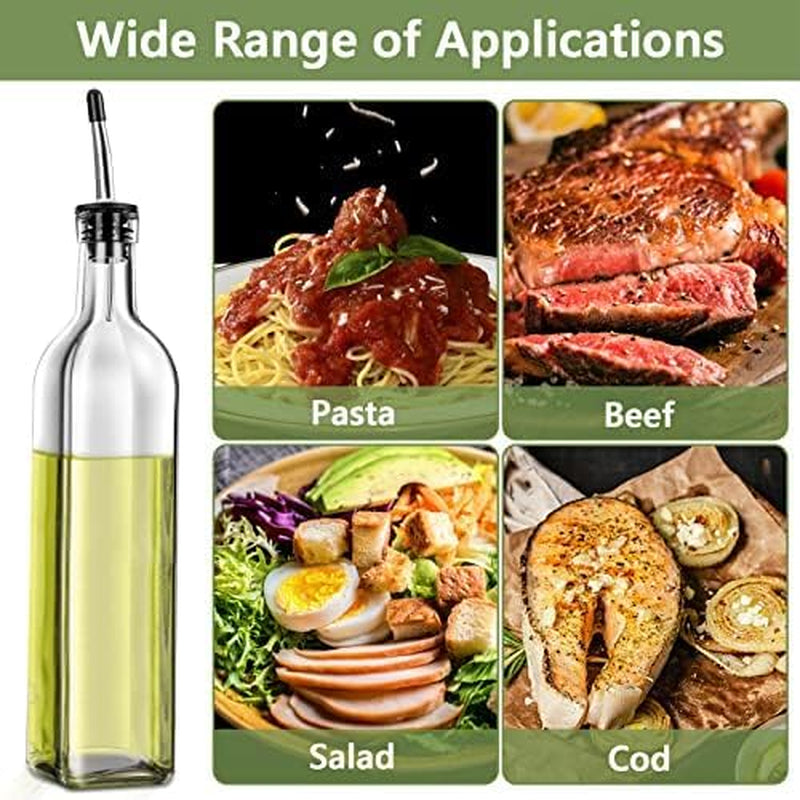 2 Pcs Glass Olive Oil Dispenser and Vinegar Dispenser Set with 2 Stainless Steel Pourers, 4 Labels,1 Brush and 1 Funnel Oil Bottles for Kitchen (500Ml)