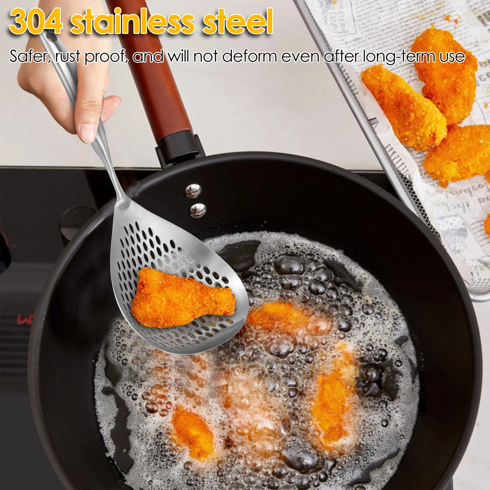 Extra Large Slotted Stainless Steel Skimmer with Long Handle for Kitchen Frying Cooking Draining
