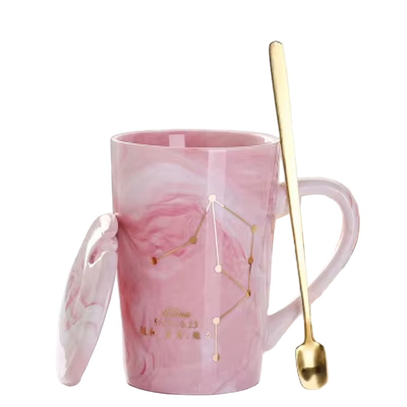 380ML Natural Marble 12 Constellation Ceramic Pink Zodiac Mug with Lid