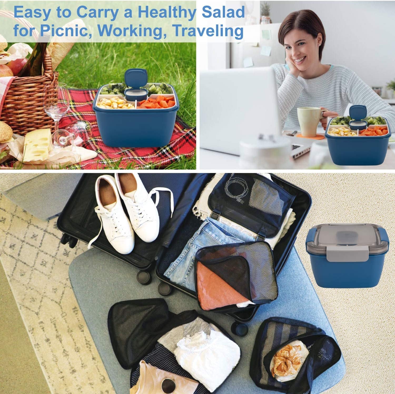Salad Lunch Container To-Go – 52oz Bowl with Compartments & Dressing Cup