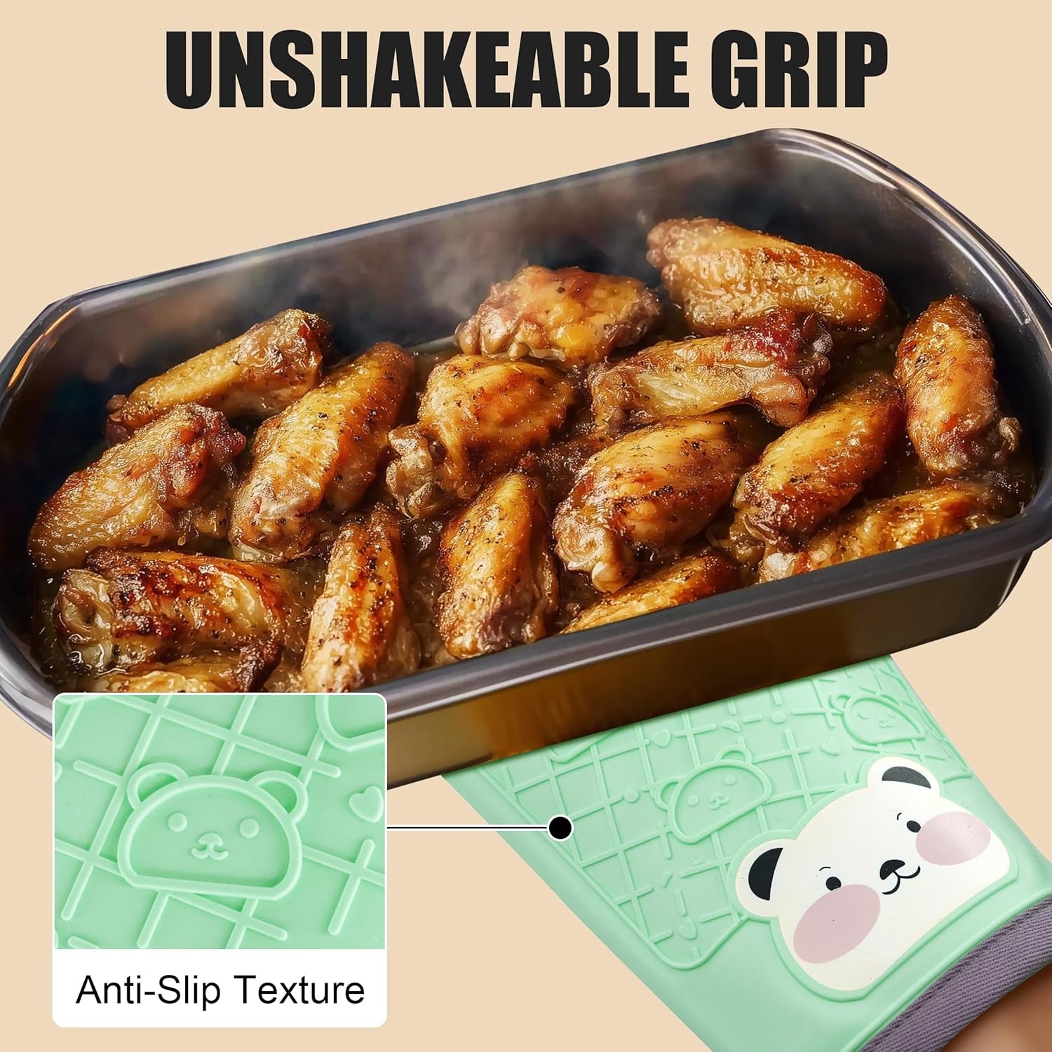 Silicone Oven Mitts Cute Bear - Non-Slip Kitchen Gloves for Baking & BBQ - Soft Cotton Lined, Waterproof & BPA-Free Potholders - Machine Washable & Heat Resistant up to 500°F - Green, 1 Pair