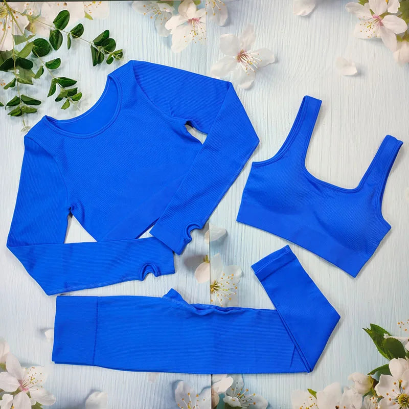 Ribbed Women Sets Fitness Suit Seamless Sportswear Sexy Gym Clothing Stripe Legging Long Sleeve Sport Outfits Woman Tracksuit