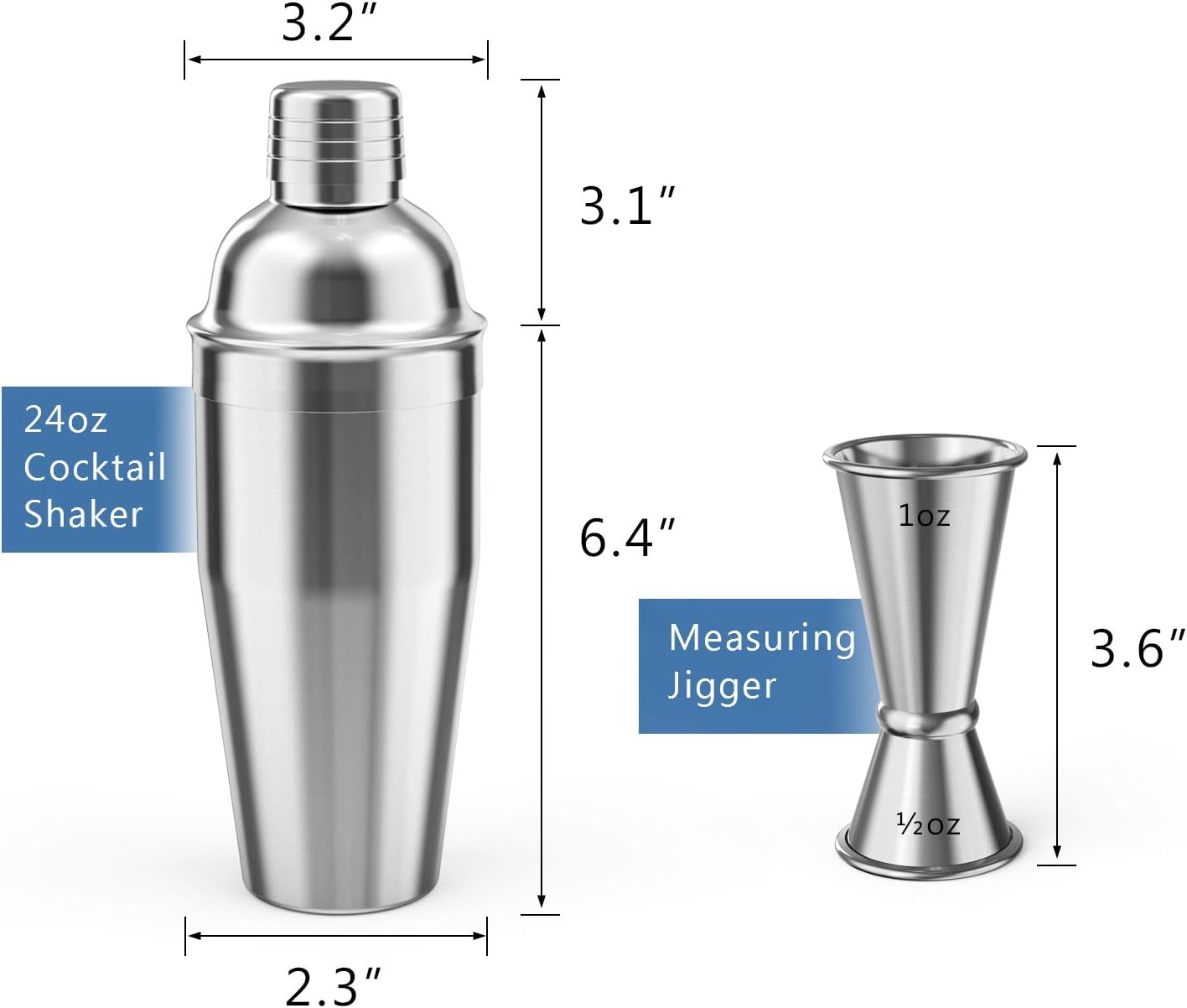24 oz. Stainless Steel Cocktail Shaker with Double Measuring Jigger