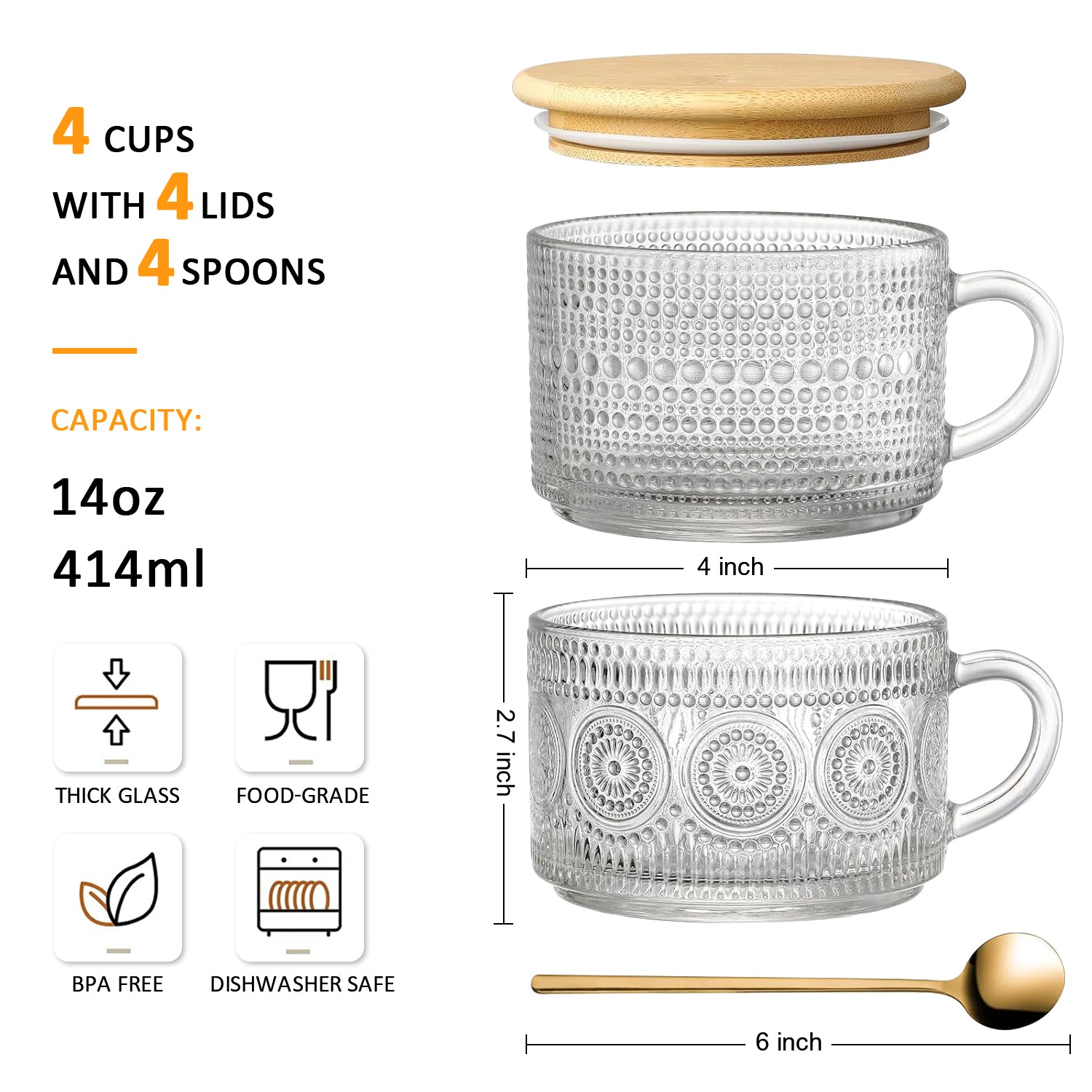 4-Pack 14oz Vintage Glass Coffee Mugs