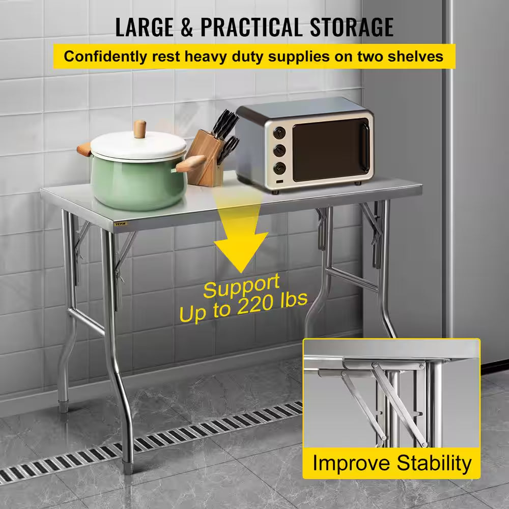 Commercial Prep Table 48 X 24 In. Stainless Steel Restaurant Table with Height Adjustable Kitchen Utility Table
