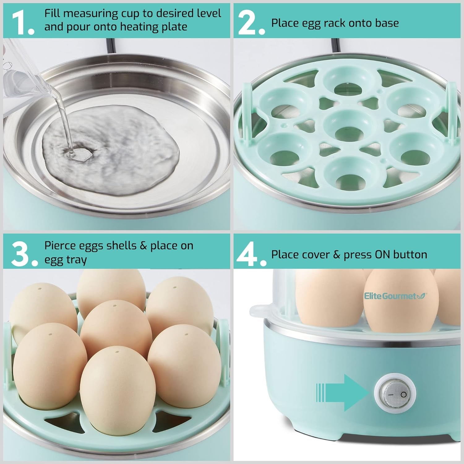 Electric Egg Cooker 7-Egg Capacity, Soft, Medium, Hard-Boiled Egg Cooker with Auto Shut-Off, Measuring Cup Included, BPA Free, Retro Mint