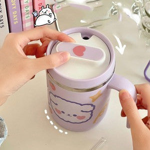 Cartoon Animal Glass Tumbler with Handle and Measurement Markings