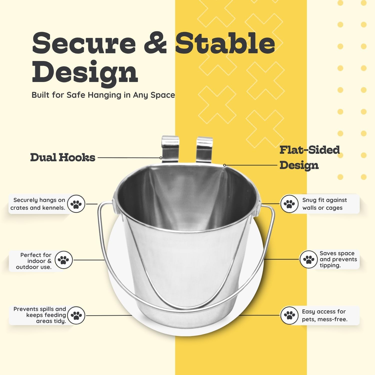 1 Qt Stainless Steel Flat Sided Bucket with Dual Hooks, Multipurpose Use