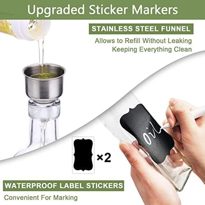 2 Pcs Glass Olive Oil Dispenser and Vinegar Dispenser Set with 2 Stainless Steel Pourers, 4 Labels,1 Brush and 1 Funnel Oil Bottles for Kitchen (500Ml)