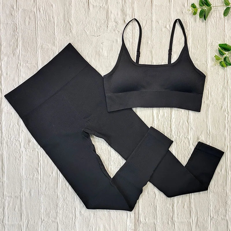 Ribbed Women Sets Fitness Suit Seamless Sportswear Sexy Gym Clothing Stripe Legging Long Sleeve Sport Outfits Woman Tracksuit
