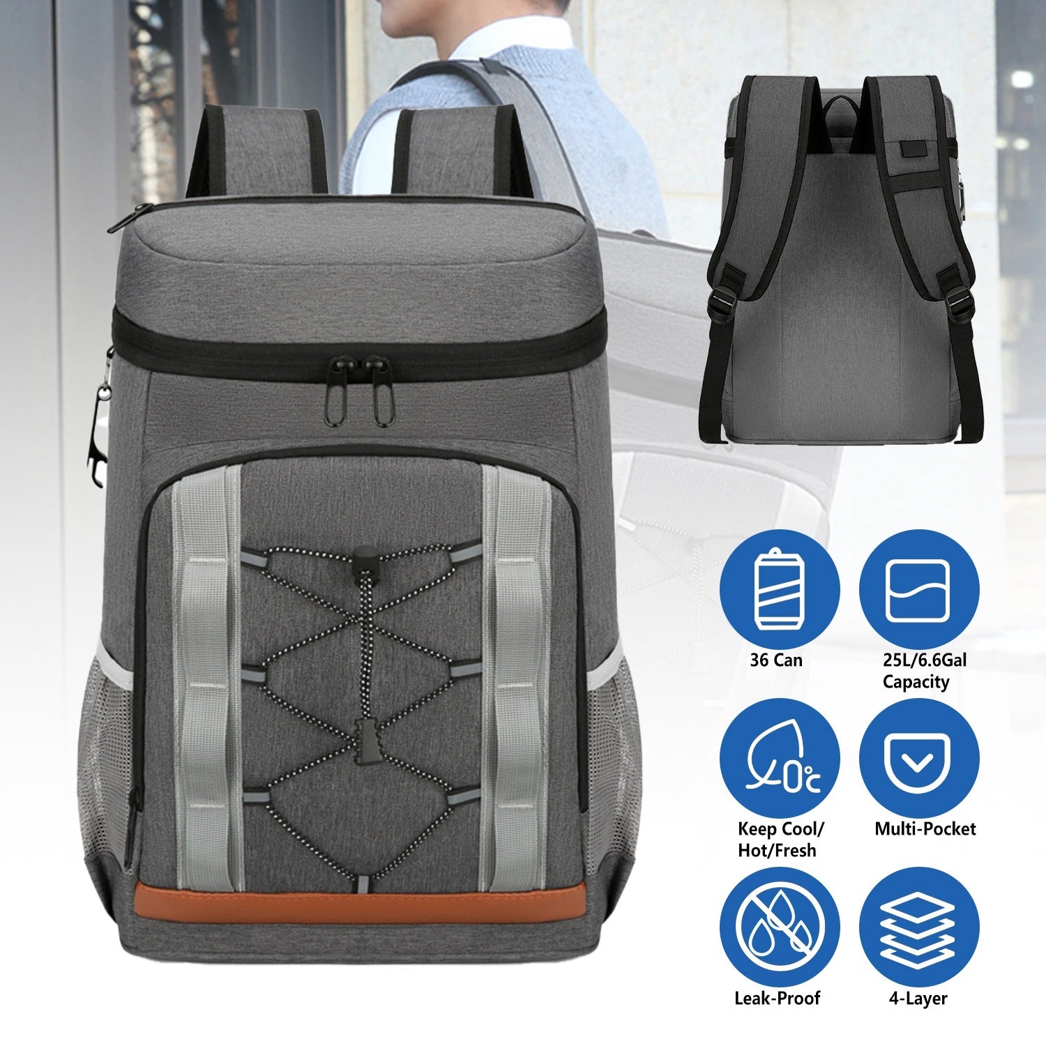 Grey-Black Cooler Backpack Leakproof Insulated Backpack