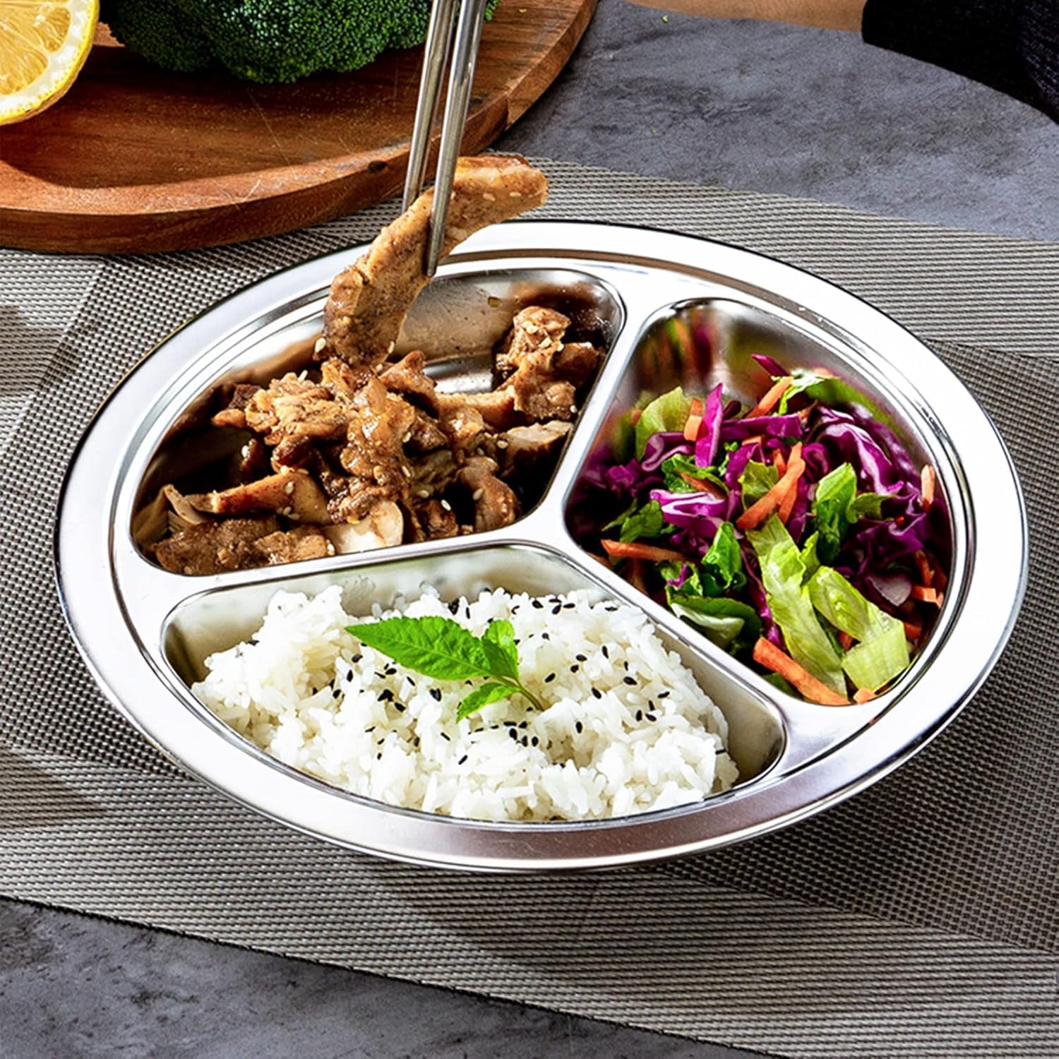 4 Pack Stainless Steel round Divided Plates, 9.5 Inch Dinner Snack Plates with 3 Compartment
