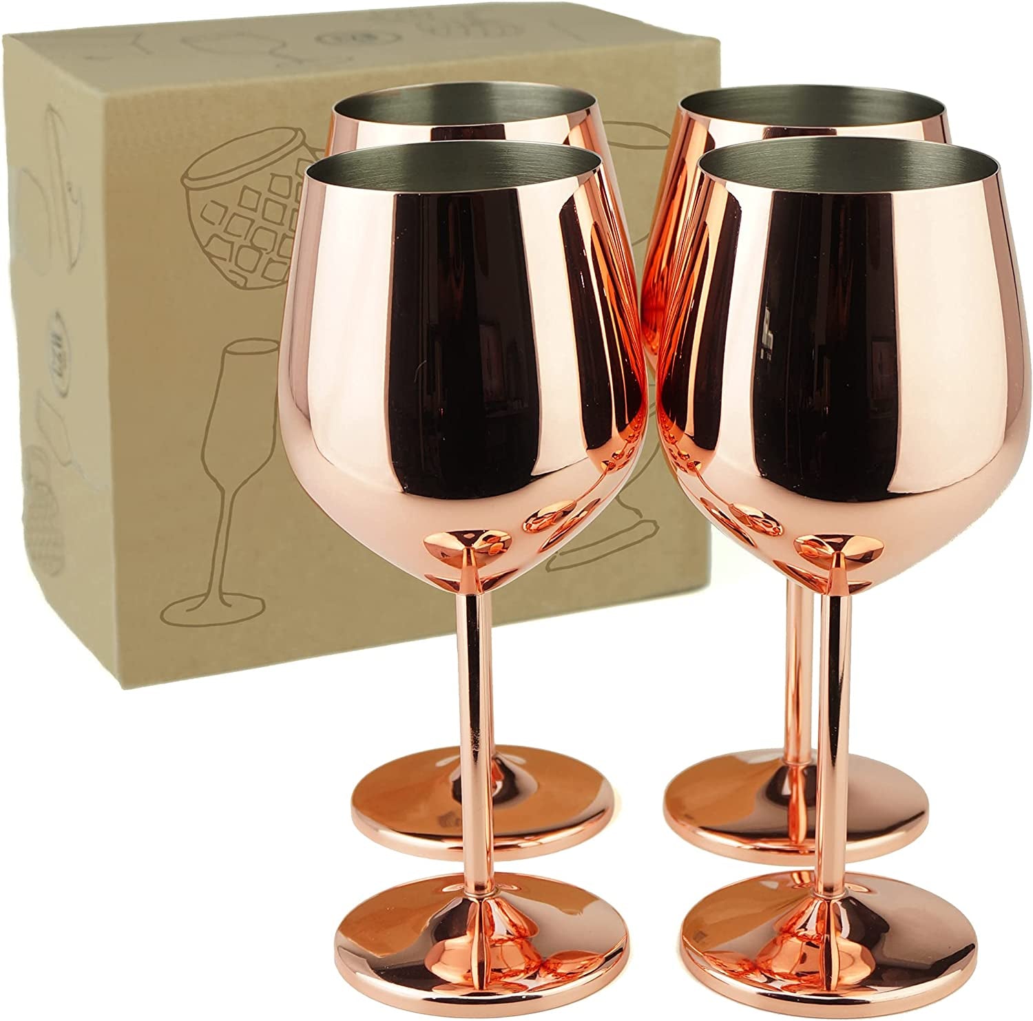 18.5 Oz Copper/Rose Gold Stem Stainless Steel Wine Glass - Set 4