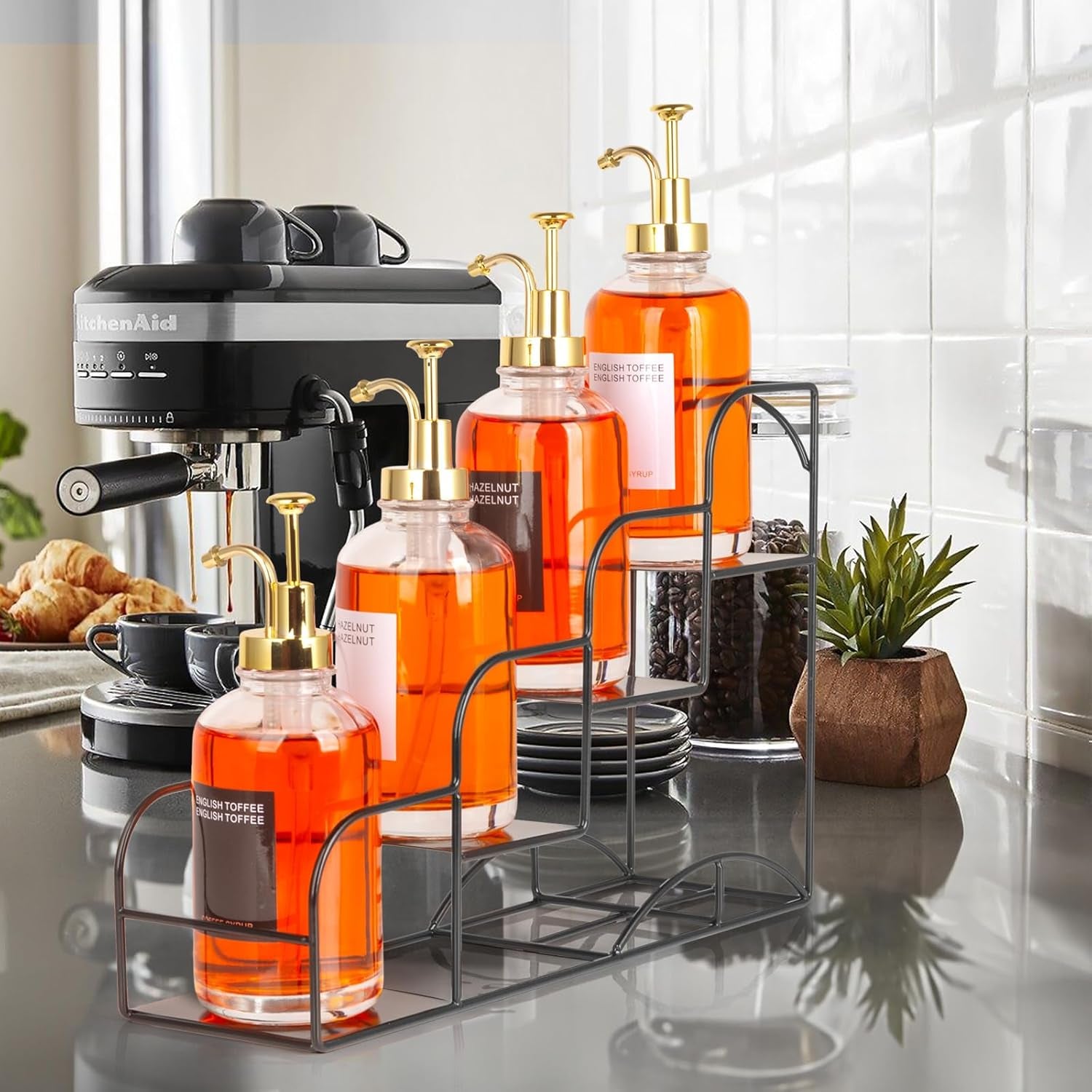 Syrup & Seasoning Rack for Coffee and Kitchen, Iron 4 Compartment Organizer