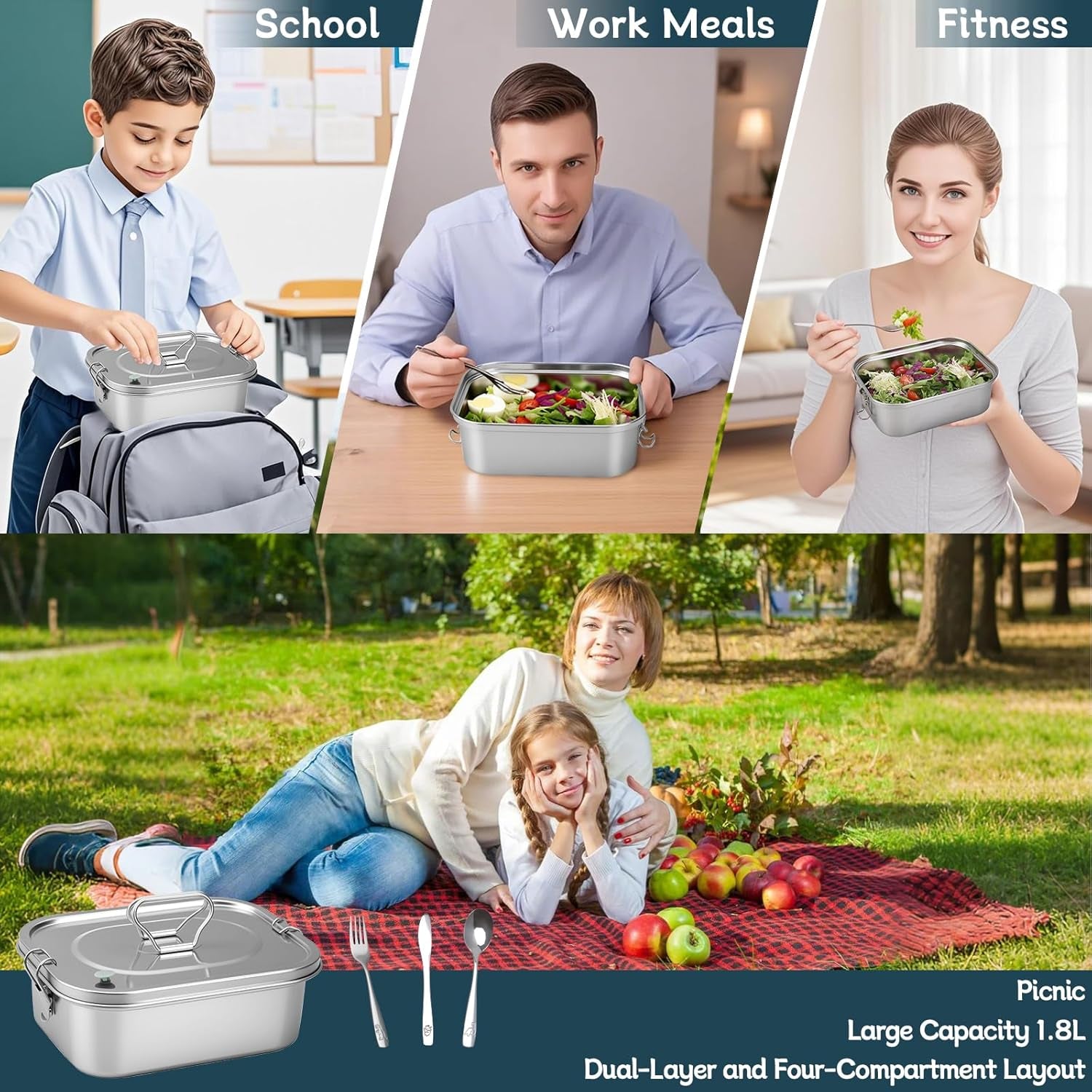 1500ML 2-Compartment Tray Stainless Steel Bento Box Leakproof with Airtight Valve Handle, Including Utensil Set (Fork/Knife/Chopsticks)