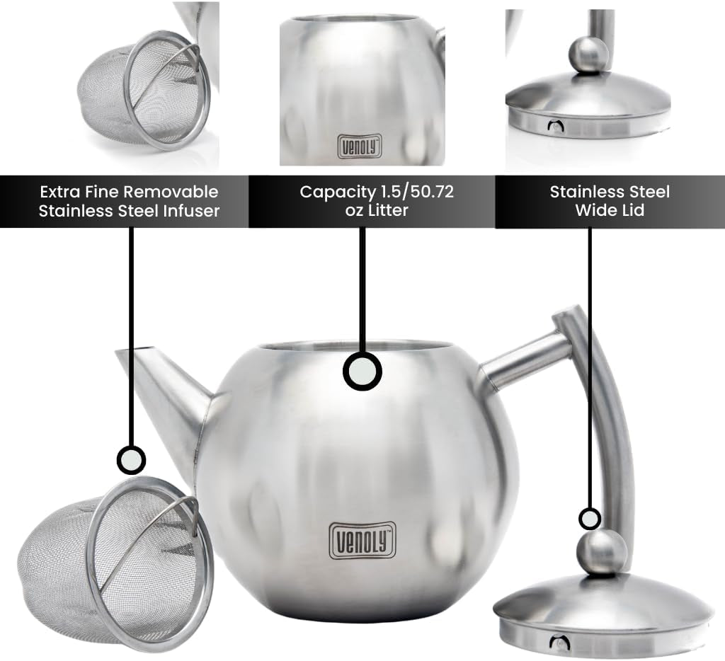 Stainless Steel Tea Pot with Removable Infuser for Loose Leaf and Tea Bags, Dishwasher Safe and Heat Resistant (Silver, 1.5 Liter)