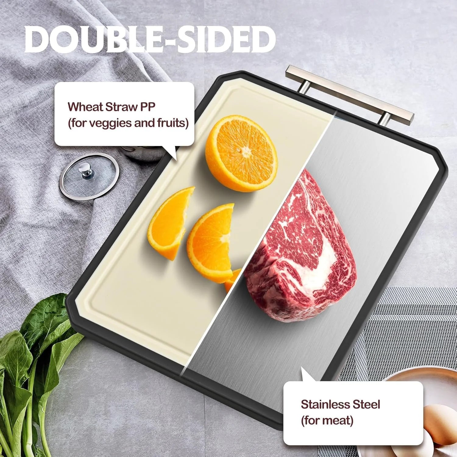 16x11 Inch Double-Sided Stainless Steel Cutting Board , Dishwasher Safe Chopping Board for Meat & Vegetables