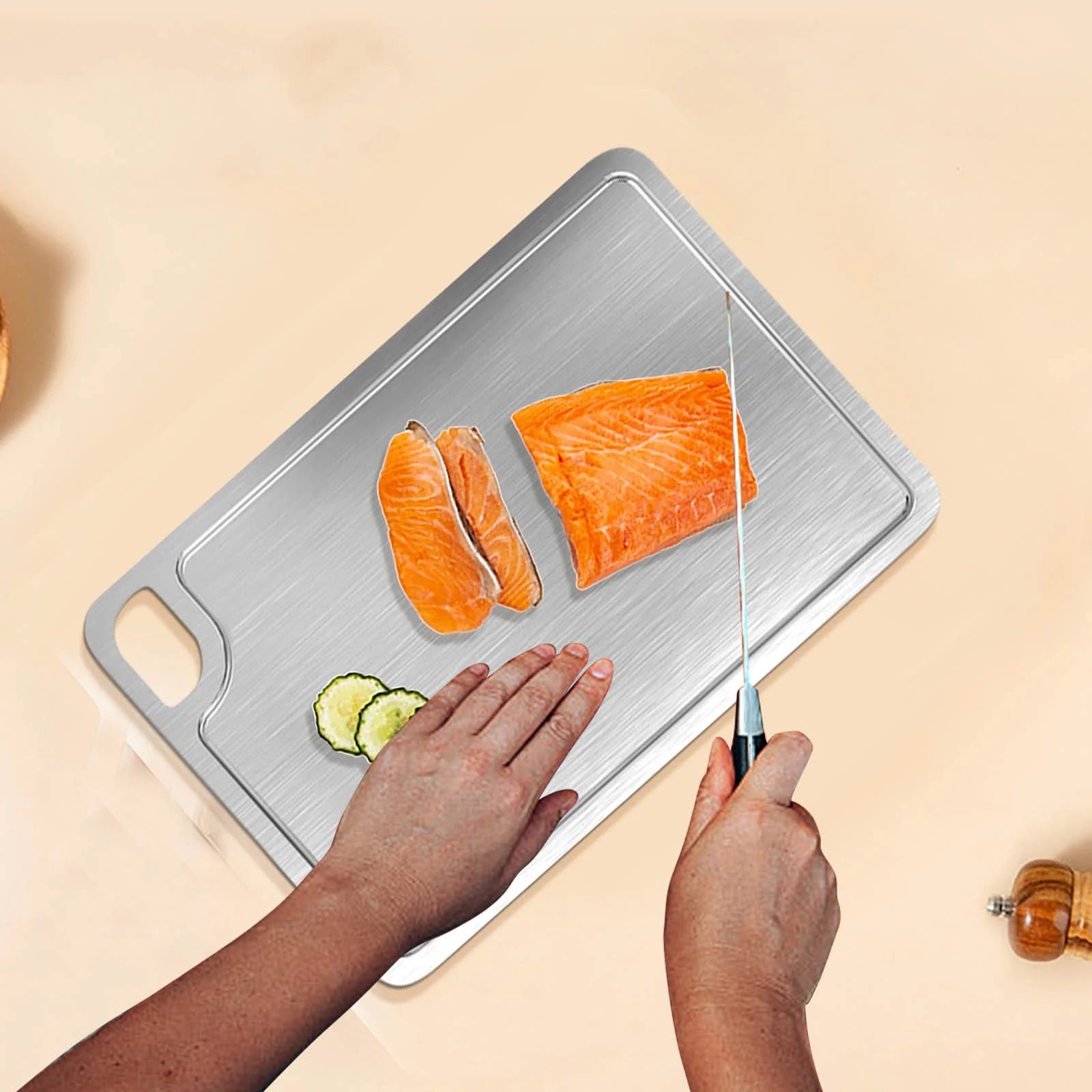 Stainless Steel Double-Sided Chopping Board with Grooves, Non-Stick and Easy Clean