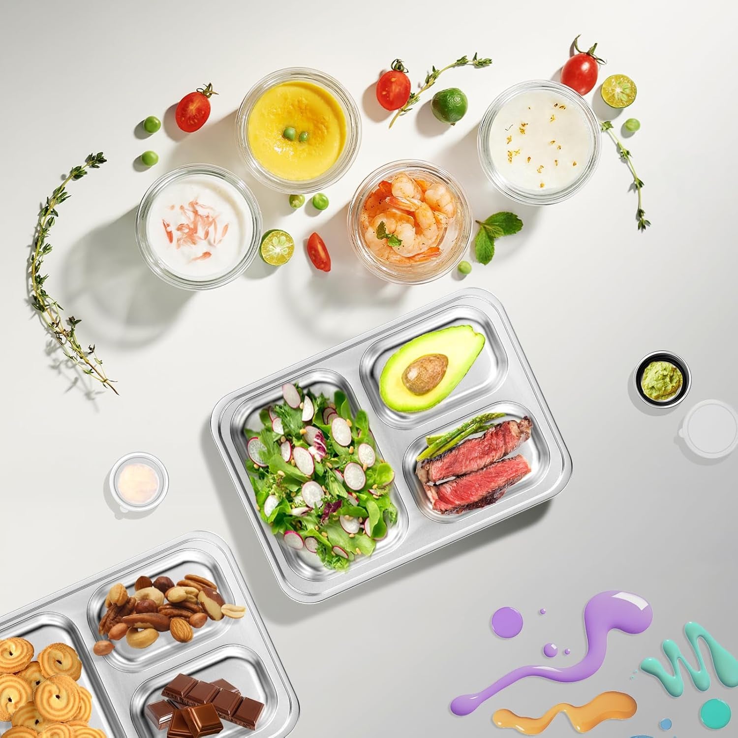Stainless Steel Divided Plate for Kids Toddler, Non Toxic Portion Control Plate Dinner Plate with Lid, 2 Pack 3 Sections Rectangular Snack Plate