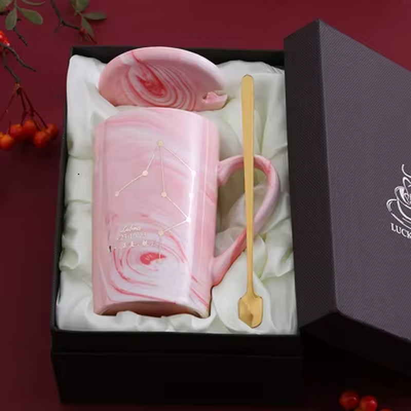380ML Natural Marble 12 Constellation Ceramic Pink Zodiac Mug with Lid