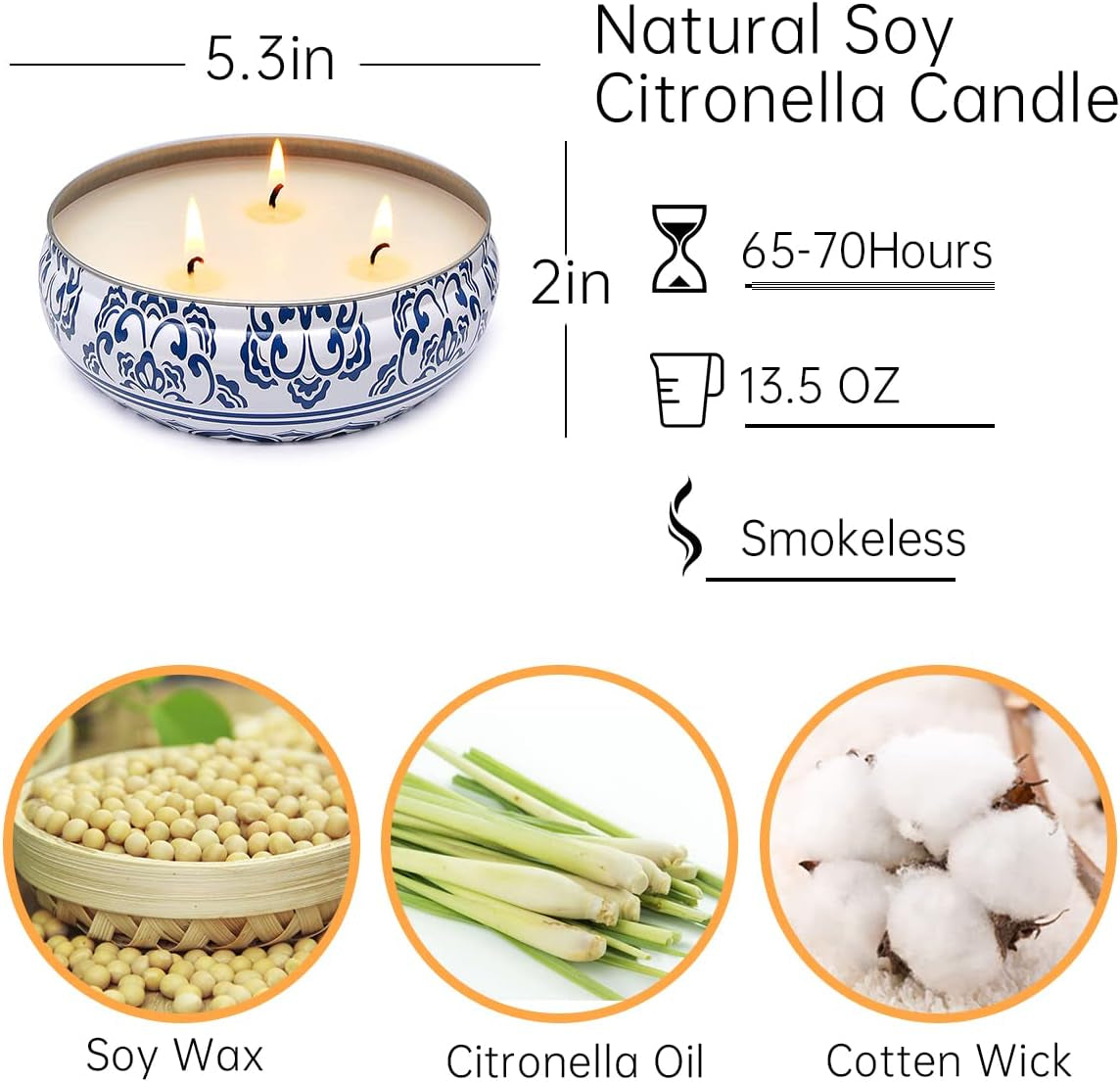 13.5Oz 3-Wick Soy Wax Large Citronella Candles Outdoor and Indoor