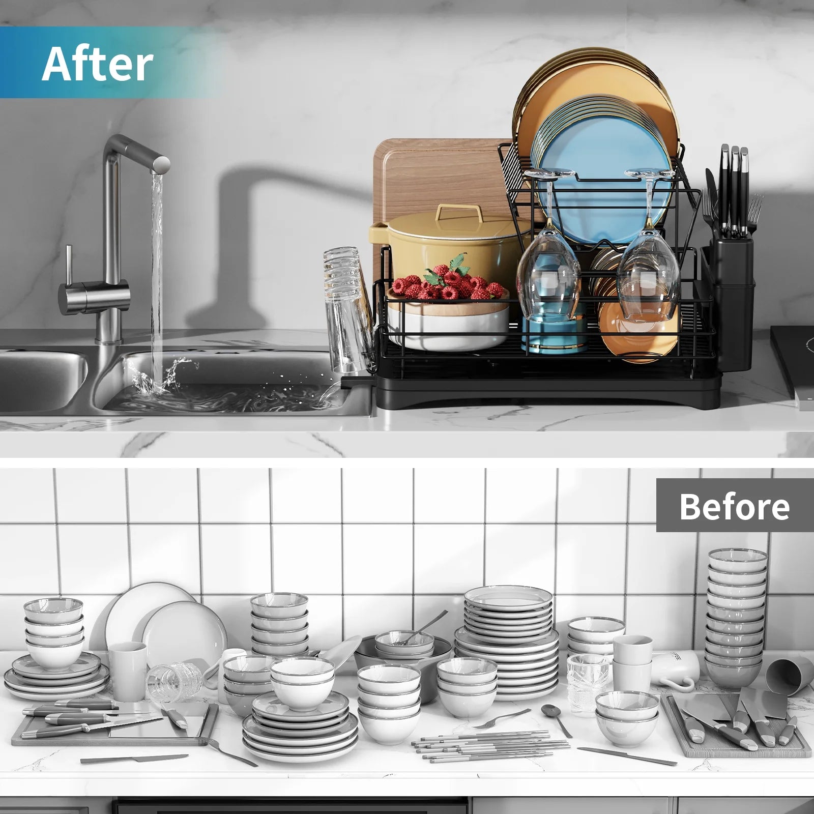 Space Saving 2 Tier Stainless Steel Dish Racks Organizer, Rust Resistant Dish Strainers - Black
