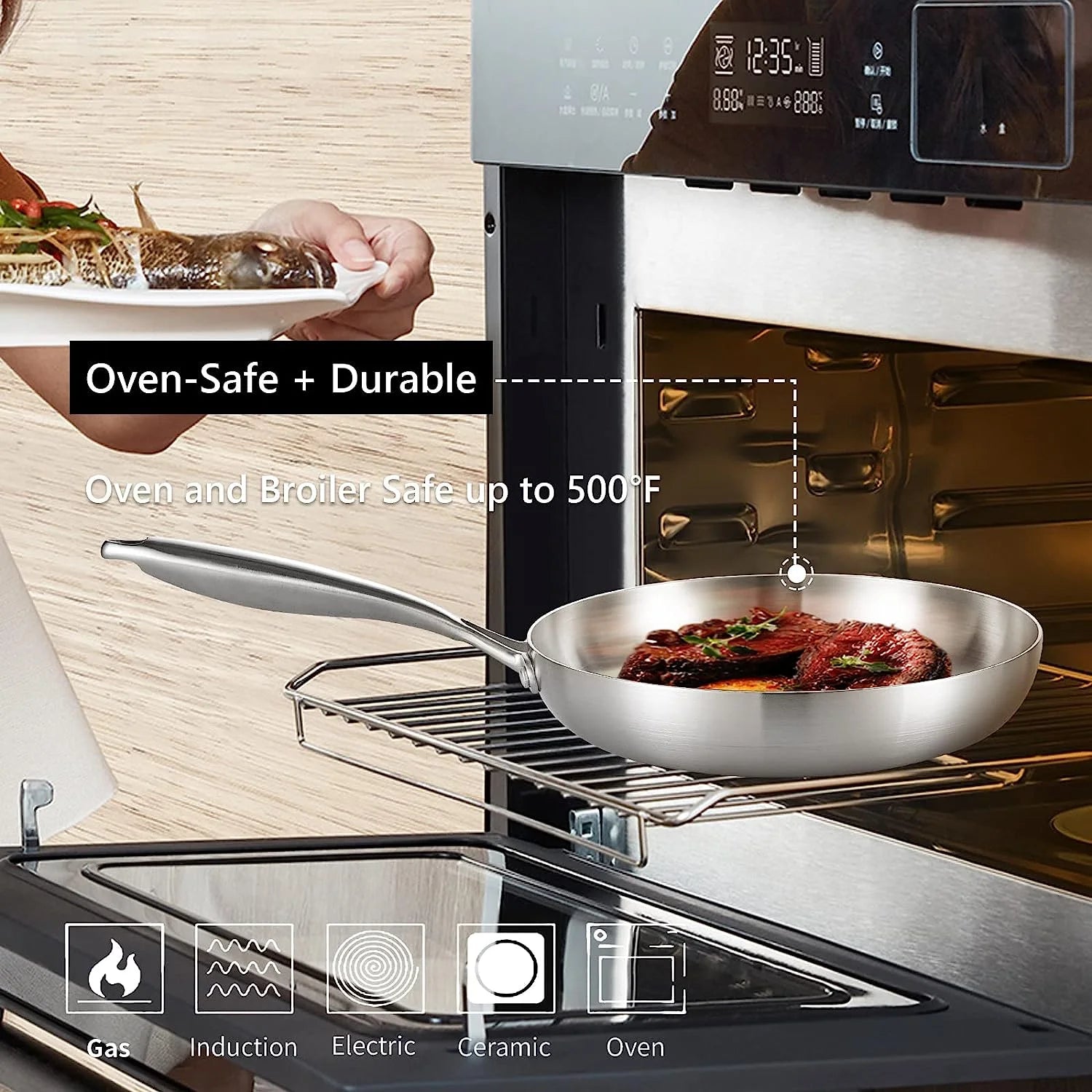 Tri-Ply Stainless Steel Frying Pan,8.5 Inch Skillet, Induction Stri Fry Pan, Dishwasher and Oven Safe, Rivet Handle