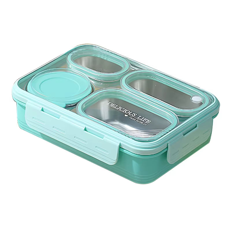 Square 4-Compartment Meal Box Large Capacity Stainless Steel Lunch Box with Soup Container for Students and Office Workers
